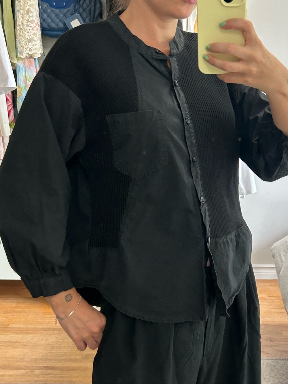 VINTAGE Black contrast knit and cotton button up